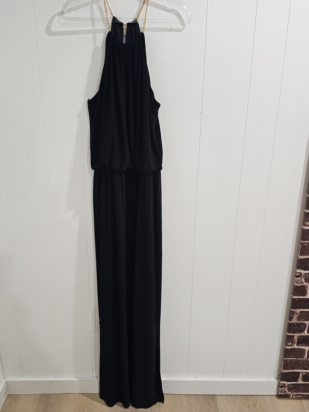 Tiana B Black Gold Chain Halter Maxi Dress Size 10 Evening Minimalist Glam Gown - Picture 6 of 12
